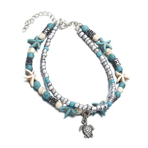 Layered Starfish & Sea Turtle Ankle Bracelet - Picture 1 of 6